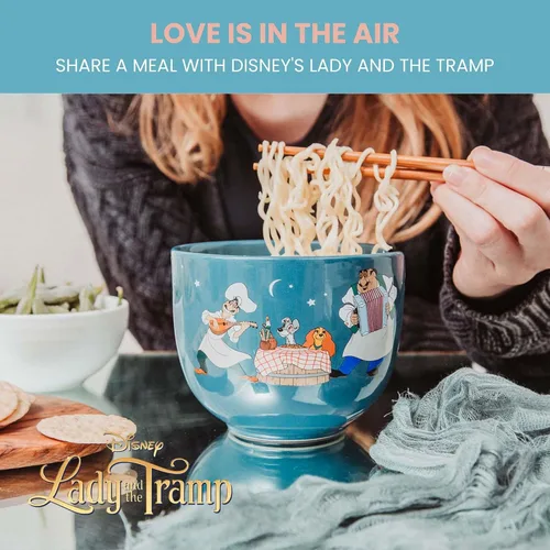 Vista 4 de Disney Lady And The Tramp Serenade - Juego de vajilla de cerámica para ramen, incluye cuenco de fideos de 20 onzas y palillos de madera