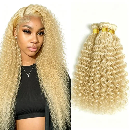 Vista 32 de P4613 Cabello humano rizado onda profunda marrón y paquetes mixtos 8 10 12 P4613 Ombre Marrón-Rubio-DP