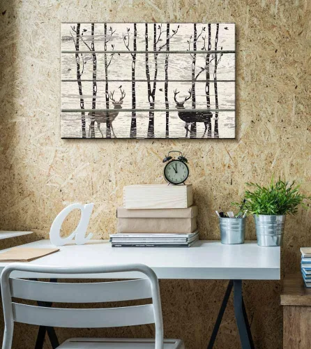 Vista 2 de wall26 - Obra de arte con estampado de madera de ciervo en bosque de abedules - Lienzo rústico para pared, arte para el hogar - 16 x 24 pulgadas