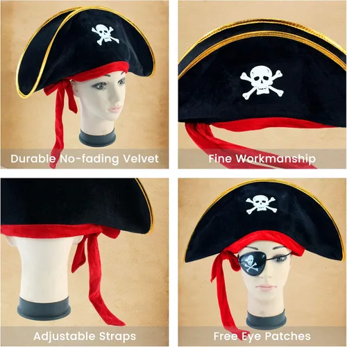 Vista 8 de M&G House Sombreros de pirata de Halloween Caribbean Black Pirate Cap Pirata Accesorios Divertidos Sombrero de Fiesta Disfraz Adulto Niño