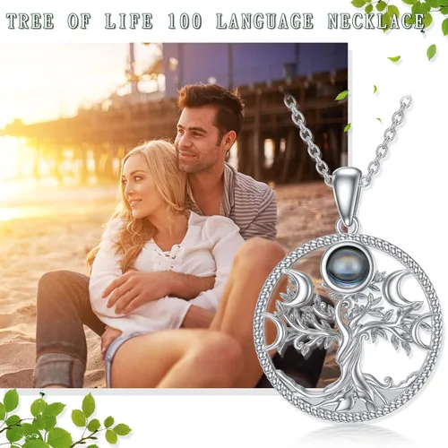 Vista 3 de Collar de árbol de la vida con piedra natal en 100 idiomas "I Love You", colgante de árbol de la vida, joyería de piedra natal personalizada
