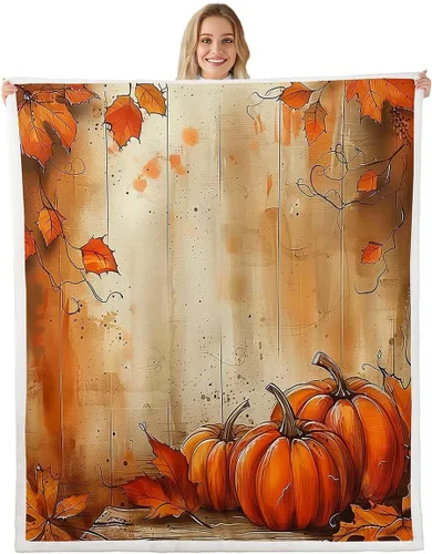 Vista 23 de Manfei Hello Fall Throw Blanket Pumpkin Maple Leaf Plaid Patchwork Fleece Blanket Autumn Theme Cozy Throws for Bed Couch Sofa,Kids Boys Girls Room