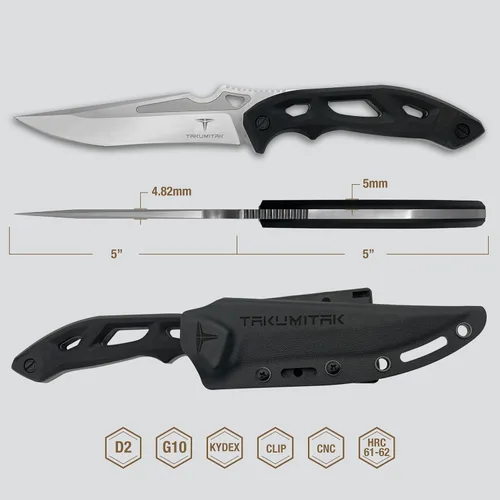 Vista 2 de TAKUMITAK Cuchillo de hoja fija Hunting & Survival - Acero D2, mango G10, funda Kydex, clip Molle, plata (TKF209SL)