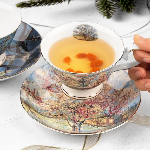 Vista 6 de Juego de 2 Tazas de Té Florales con Platillos, Porcelana de Hueso de 7 oz, Tazas de Té Británicas, Taza de Café de Porcelana para Té de Rosa