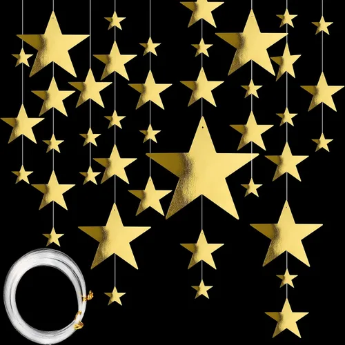 Vista 7 de Boao 24 recortes de estrellas de cartón dorado para colgar, lámina metálica con purpurina de 2.4 in, 4.7 in, 7.9 in, 11.8 in y 164.0 ft, decoración