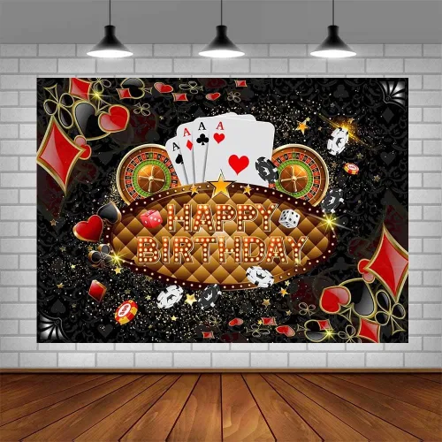 Vista 2 de AIBIIN Telón de fondo de feliz cumpleaños de 7 x 5 pies, decoración de fiesta de cumpleaños de Las Vegas, dados de Las Vegas, cartel de fiesta