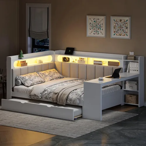 Vista 44 de VilroCaz Cama de sofá de tamaño individual de madera con estantes de almacenamiento y escritorio de estudio, estructura de cama de día Blanco