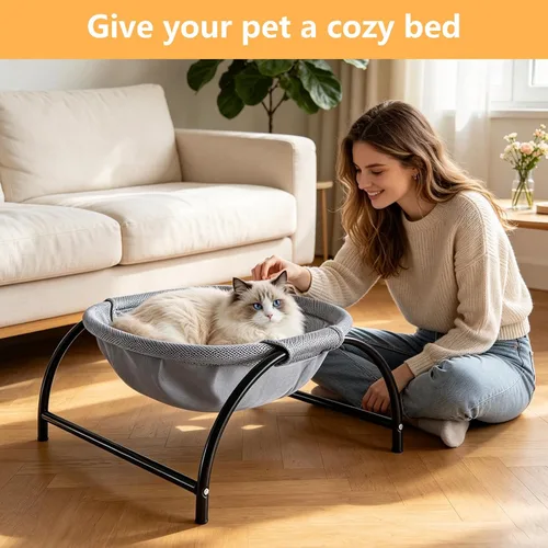 Vista 6 de Cama redonda elevada para gatos, lavable, hamaca para gatos y Cama elevada pequeña para gatos para uso en interiores y exteriores, cuna para gatos