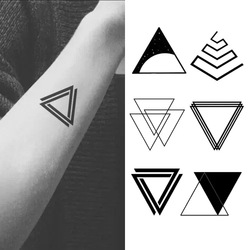 Vista 2 de Juego de 2 calcomanías de tatuaje temporal pequeñas, formas geométricas minimalistas, diseños de triángulos negros para mano, cuello, cara, muñeca