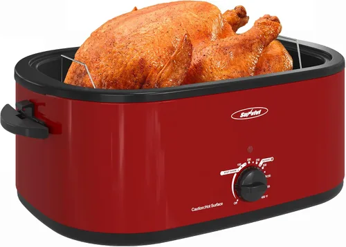 Vista 2 de Sunvivi Horno asador y triple olla de cocción lenta, tostador de pavo de 24 cuartos con función única de descongelación/calor, rojo, 3 ollas