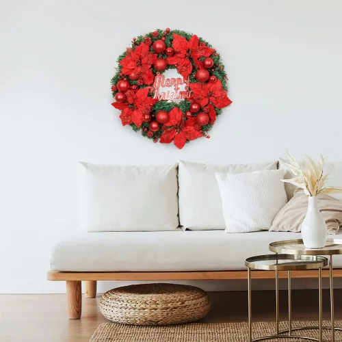 Vista 3 de Ochine Corona de bolas de Navidad de 16 pulgadas, guirnalda de Navidad artificial, decoración de fiesta para el hogar, puerta delantera, decoración