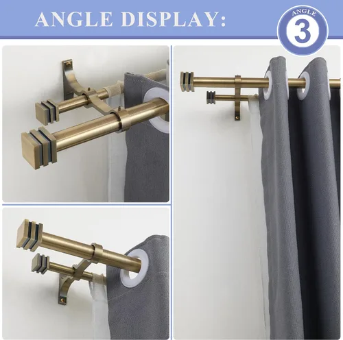 Vista 3 de Barras de cortina dobles con soportes envolventes completos de aluminio y remates de caja de cubos, barras de cortina de bronce antiguo