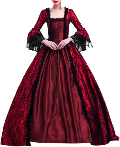 Vista 2 de CZHJS Vestido medieval para mujer, vestido victoriano de encaje de manga larga, vestido retro gótico delgado, vestido de túnica renacentista hasta