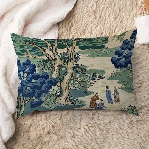 Vista 143 de ArogGeld Funda de cojín con flores verdes y blancas con flores grises y negras y hojas verdes en estilo chinoiserie, funda de almohada cuadrada