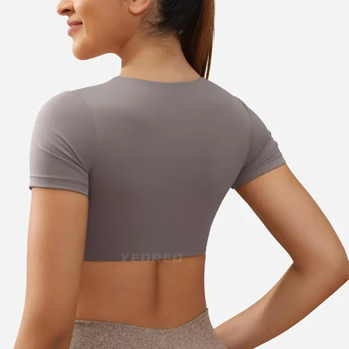 Vista 5 de YEOREO Kyla Workout Crop Tops for Women Short Sleeve Twist Front Crop Tank Top Padded Sports Bra Casual Shirts