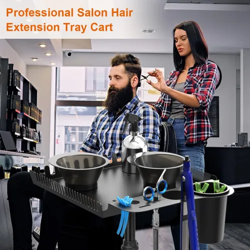 Vista 15 de Bandeja rodante de salón con 2 cuencos magnéticos, carrito de herramientas profesional, bandeja de extensión de cabello para peluqueros, bandeja