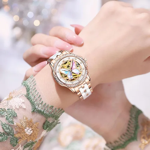 Vista 2 de OLEVS Reloj automático para mujer, reloj de cerámica de acero inoxidable Mariposa / Colorido