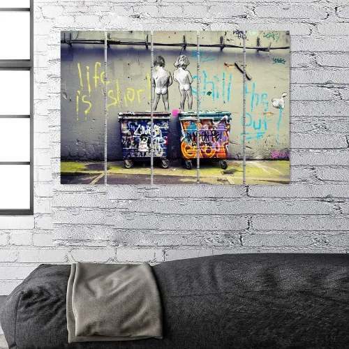Vista 4 de Banksy Graffiti Street Art Colecciones de lienzos de arte callejero. Listo para colgar. Fabricado en Estados Unidos #FULL2
