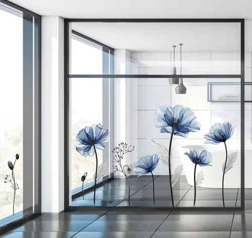 Vista 3 de decalmile Calcomanías grandes de pared de flores azules, calcomanías de pared para dormitorio, sala de estar, cocina, decoración de pared, regalos
