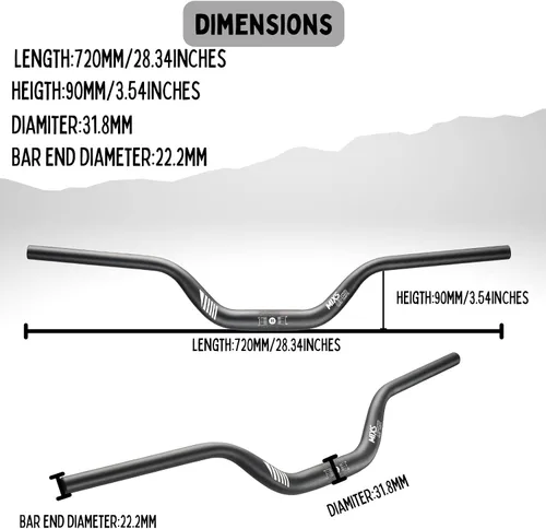 Vista 3 de Mixsuper Manillar de elevación alta para bicicleta de montaña de 31,8 mm, longitud 720 mm, elevación 90 mm, manillar de aleación de aluminio MTB