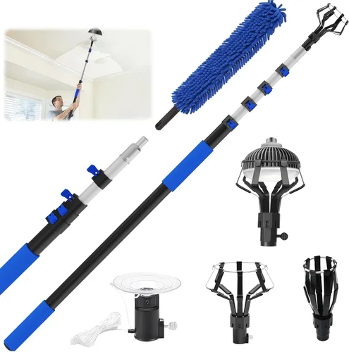 Vista 9 de Bombilla de alcance de 28 pies de 5 a 20 pies con poste de extensión telescópica para techos altos con plumero, cestas y ventosas para luces Azul