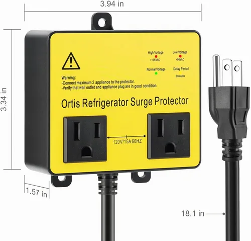 Vista 6 de Protector contra sobretensiones para refrigerador, Ortis Protector de voltaje de doble toma para electrodomésticos con retraso de tiempo, protege