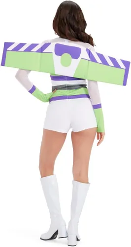 Vista 2 de Tipsy Elves Disfraz de guardabosques espaciales blanco verde y morado de los años 90 para mujer con alas