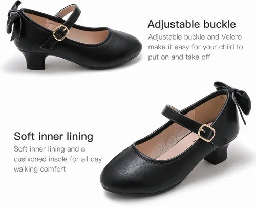 Vista 5 de Dufannie Zapatos de vestir para niñas, zapatos de tacón bajo de princesa, zapatos planos con purpurina para bodas y fiestas