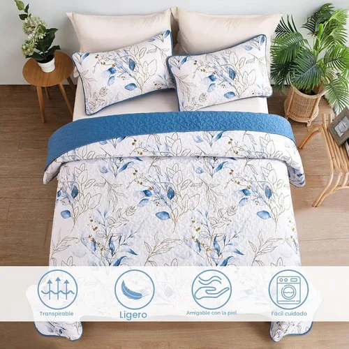 Vista 2 de Anibedding Juego de edredón botánico tamaño Full, 3 piezas reversible, elegante patrón de hojas azules, cubrecama colcha de microfibra suave