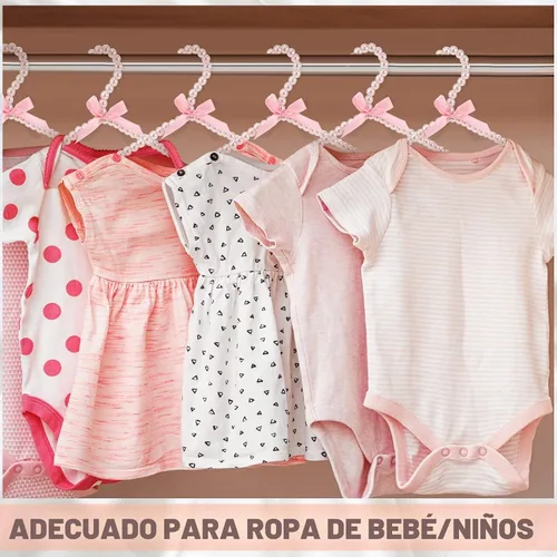 Vista 2 de Threan Rosa 12 piezas de perchas de ropa con cuentas de perlas mini con cuentas de perlas pequeñas de metal con cinta, estándar para niños, bebés
