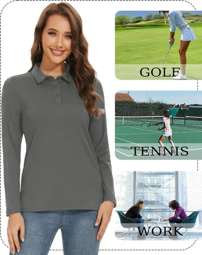 Vista 6 de TACVASEN Polo de manga larga para mujer, con protección solar UV, SPF para exteriores, manga larga, 3 botones, secado rápido, para golf