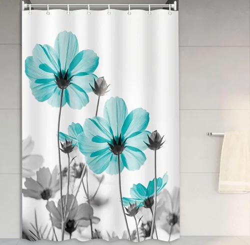 Vista 27 de MERCHR Cortina única floral azul para decoración de baño, cortina de ducha estilo granja con flores de margarita azul y gris elegantes y diseño