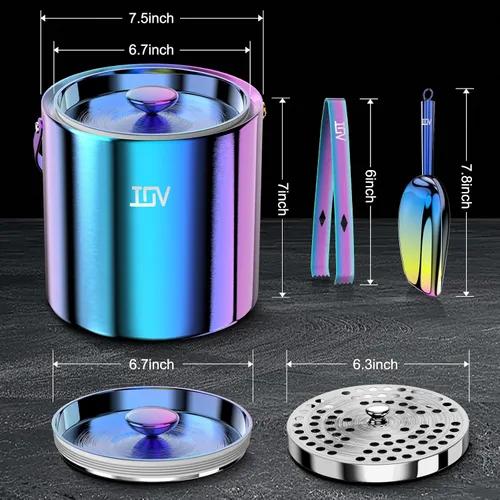 Vista 4 de IOV Cubo de hielo con tapa, cuchara, pinzas y colador, cubo de hielo aislado de doble pared de acero inoxidable de 3 L para fiestas, mantiene