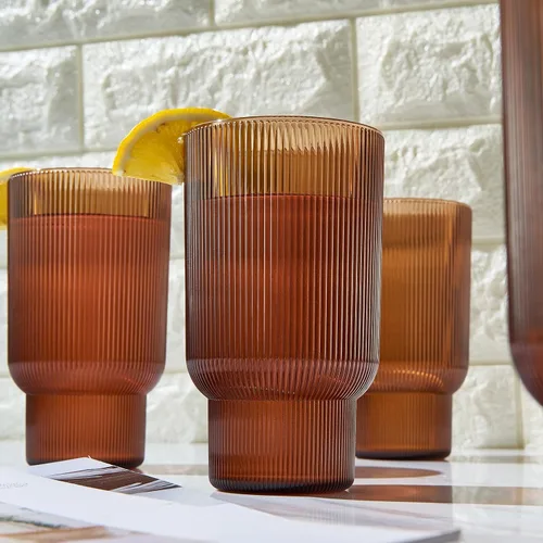 Vista 5 de Juego de 4 vasos altos de acrílico inastillables, estilo europeo, aptos para lavavajillas, acanalados, juego de 4, tritán estriado, plástico Naranja