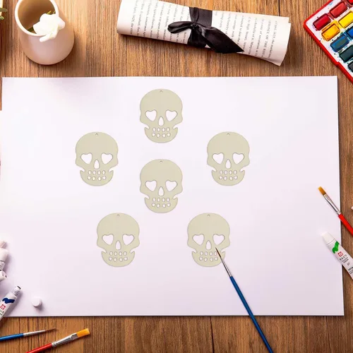 Vista 6 de 30 piezas de mini calaveras de madera para manualidades, recortes de 2 pulgadas, en forma de calavera de madera en blanco con cordeles de yute
