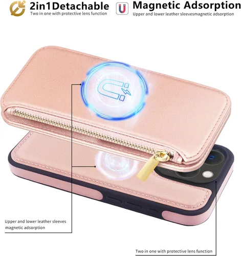 Vista 4 de Funda con cremallera para iPhone 15 Pro, 2 en 1, magnética, desmontable, protección para tarjetas RFID, 6 ranuras para tarjetas, bolsillo