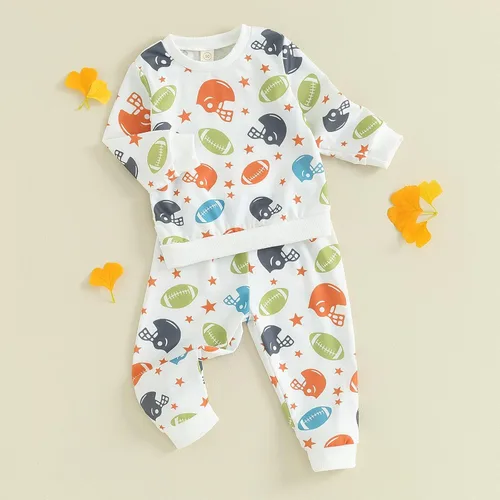 Vista 2 de Conjunto de sudadera de manga larga con cuello redondo y estampado de rugby para bebé niño y niña, conjunto de ropa de otoño e invierno