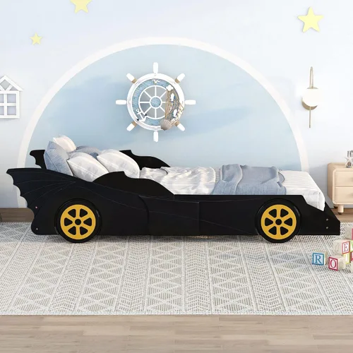 Vista 4 de Marco de cama, cama de plataforma en forma de auto de carreras de tamaño individual con ruedas, marco de cama de plataforma de madera con listones