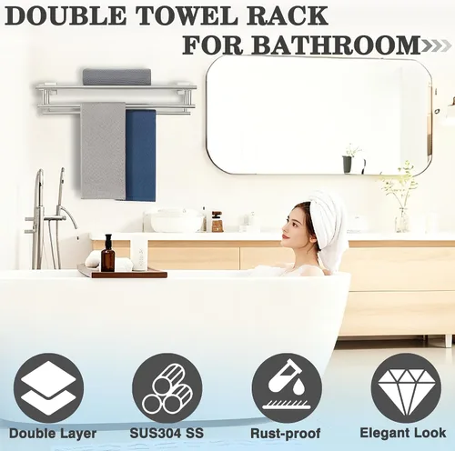Vista 2 de Alise Toallero, Estante de Toallas con Barras Dobles para Lavabo de Baño, SUS 304 Acero Inoxidable de Montaje en Pared, 40.6 cm Níquel Cepillado
