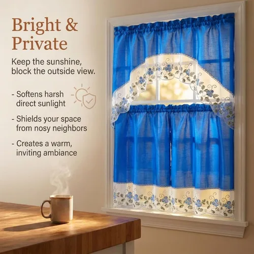 Vista 3 de YHSF Set de cortinas de cocina de 3 piezas con cenefa - Juego de cortinas de ventana de 2 niveles y cenefa con diseño de bolsillo para barra