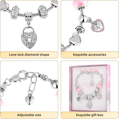Vista 6 de Pulsera con dijes para mujer, regalos de Navidad, con cuentas de cristal y forma de corazón, plata de circonita cúbica, cadena de serpiente, pulsera