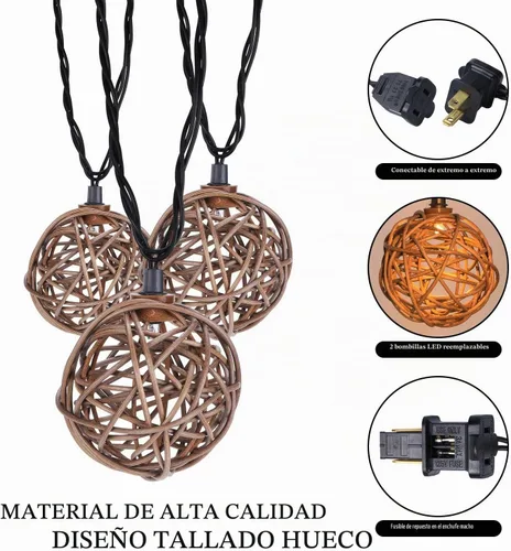 Vista 8 de Vigdur Luces de Cadena de Bolas de Ratán, Luces de Cadena de Linterna Boho con 10 Bombillas LED Conectables, Luces de Cadena para Interiores