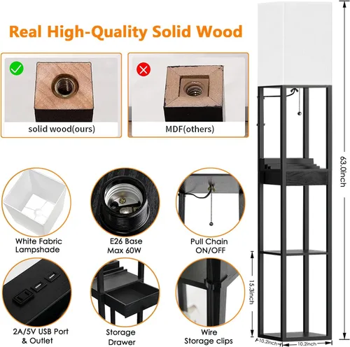 Vista 7 de Lámparas de pie para sala de estar, lámpara de pie alta con estantes y cajón, 2 puertos de carga USB y 2 tomas de corriente, bombilla LED brillante