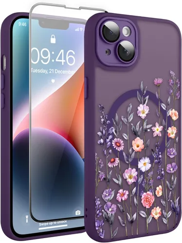 Vista 88 de Magnético para iPhone 13 con protector de pantalla [Compatible con MagSafe] Diseño de patrón floral de flores bonitas, funda delgada a prueba