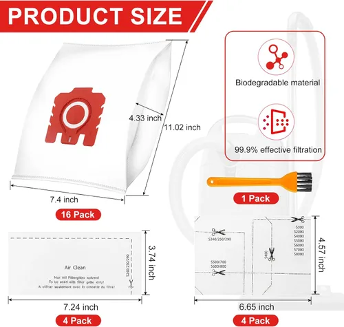 Vista 3 de Bolsas 3D Airclean FJM mejoradas para Miele FJM Vacuum Compact C2 Compact C1 C1 S241 S290 S300i S500 S700 S4 S6 Series, paquete de 16 bolsas FJM