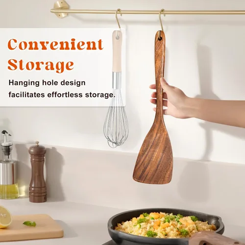Vista 5 de Espátula de madera para cocinar, espátulas planas de madera de acacia, espátula con mango largo para sartenes antiadherentes, sin arañazos