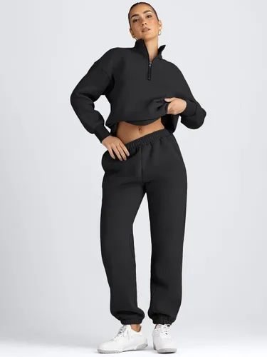 Vista 3 de AUTOMET Conjunto deportivo de 2 piezas para mujer, manga larga, media cremallera y pantalones deportivos holgados con bolsillos
