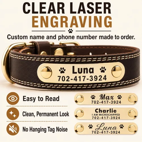 Vista 3 de Collar de cuero para perro personalizado con placa de nombre grabable - Collar con etiqueta de identificación duradera - Collar para perro