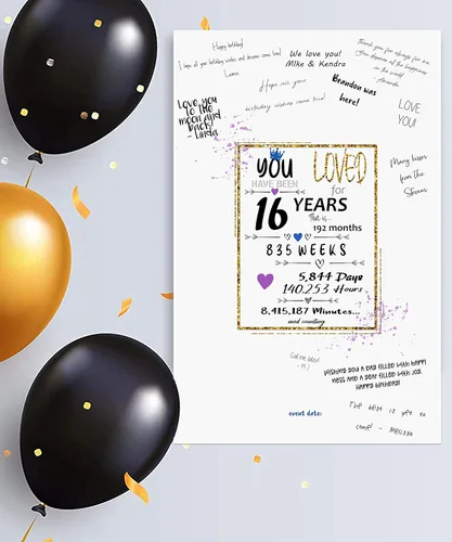 Vista 4 de Póster de libro de invitados para fiesta de cumpleaños número 16, pancarta de decoración de centro de mesa para mujeres u hombres que cumplen 16