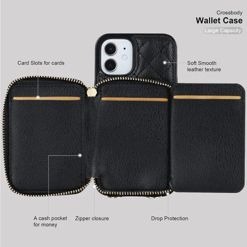 Vista 7 de Bocasal Funda tipo cartera cruzada para iPhone 12 Mini, bloqueo RFID, de piel sintética, con cremallera, funda tipo cartera con función atril